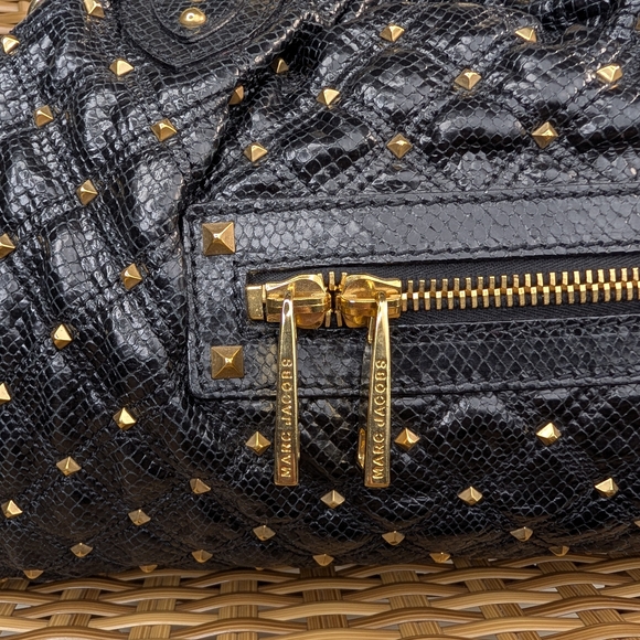 Marc Jacobs Stam Stardust Snake Print Black Leather Satchel Bag Gold Stud Detail - Picture 2 of 15